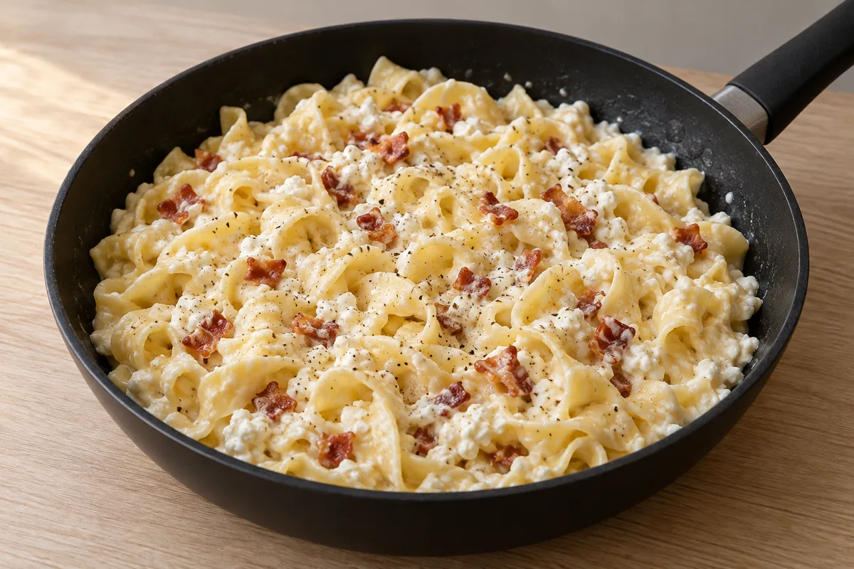Cooked wide noodles folded with cottage cheese, sour cream, pepper and some crisp bacon in the black frying pan.