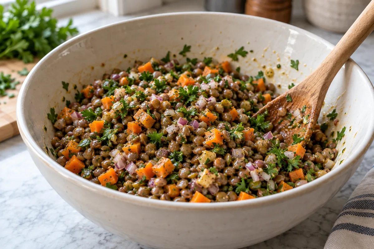Warm lentils and carrots being gently folded into mustard dressing with red onion and parsley.