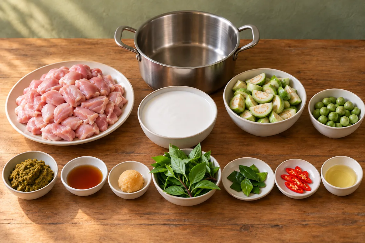 Prepared chicken, coconut milk, green curry paste, Thai eggplants, pea eggplants, fish sauce, palm sugar, basil, makrut lime leaves, chili and oil arranged on a table.