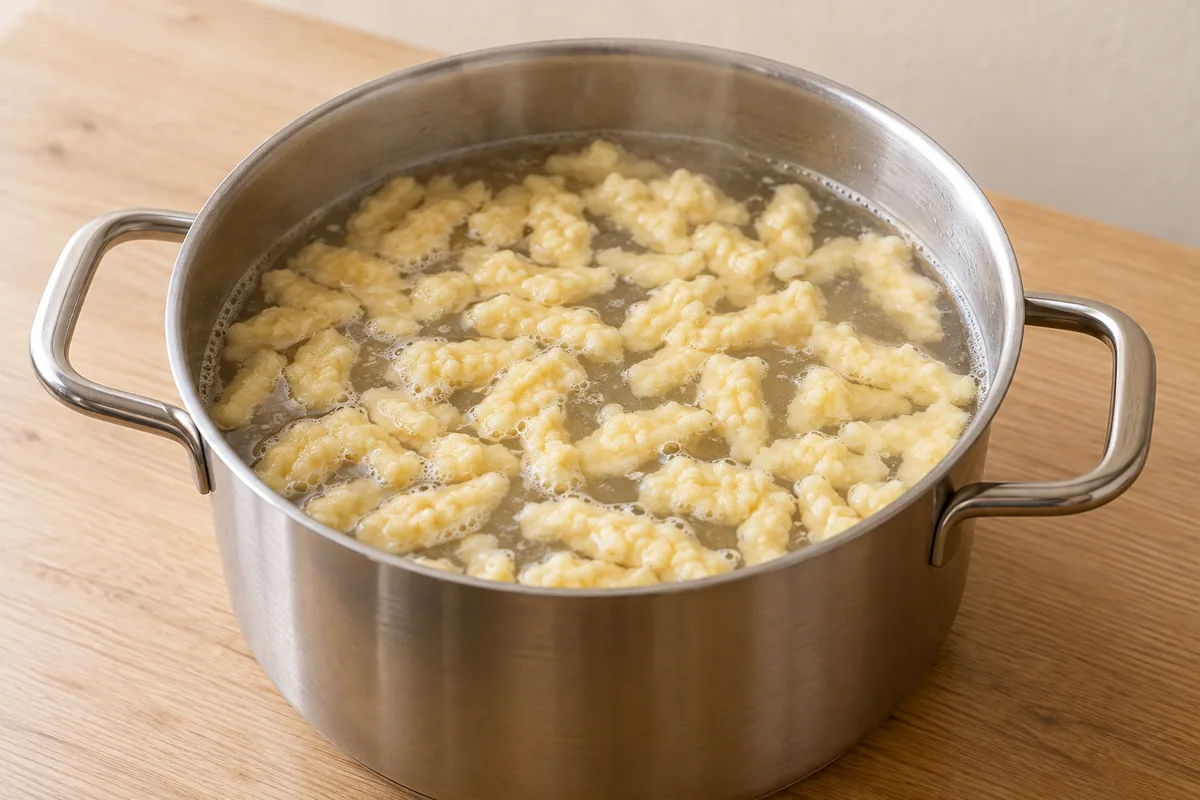 Cooked pale-yellow egg dumplings floating in gently simmering water in a two-handled stainless-steel pot.