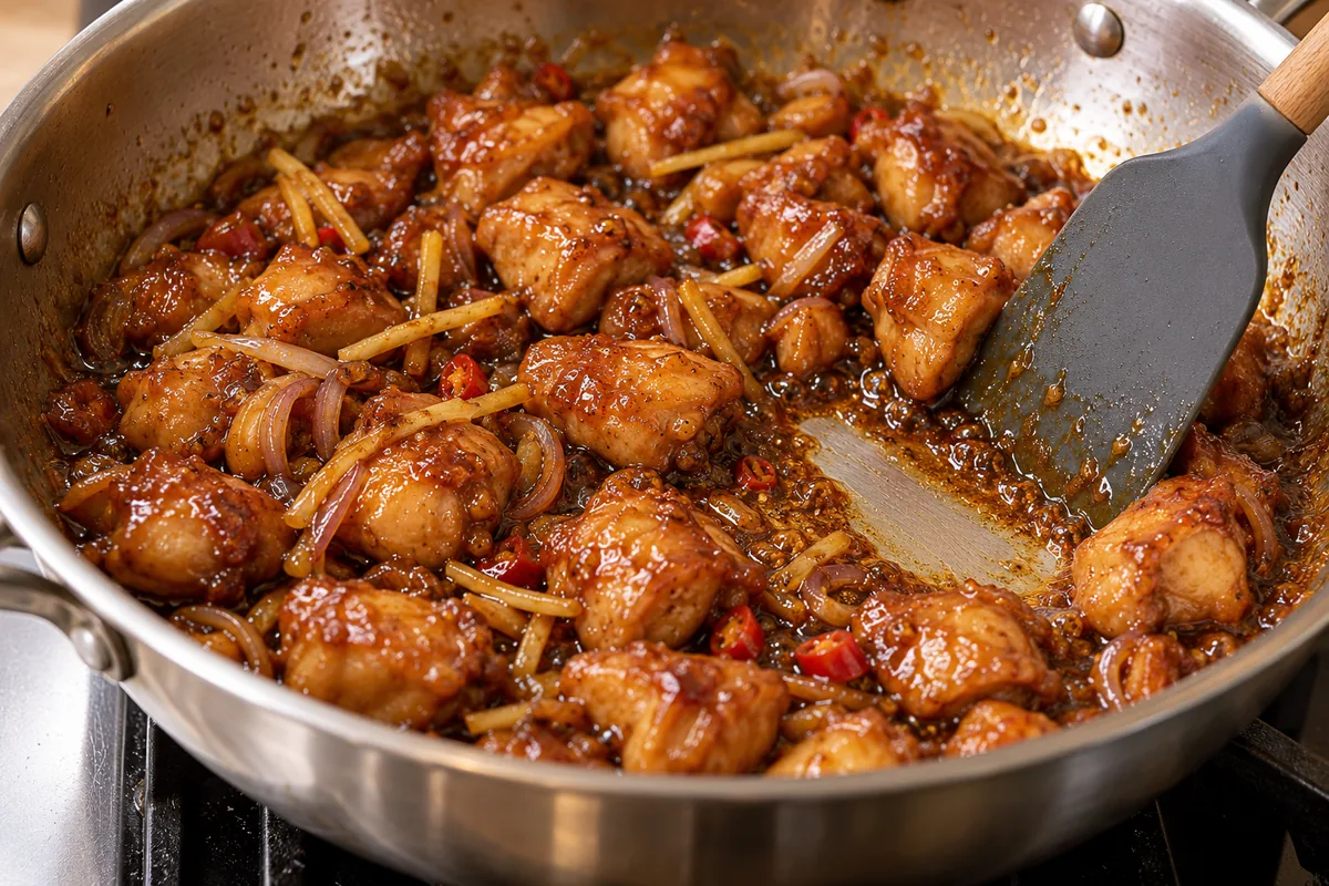 Cooked chicken and ginger coated with reduced caramel sauce, with a spatula trail visible in the skillet.