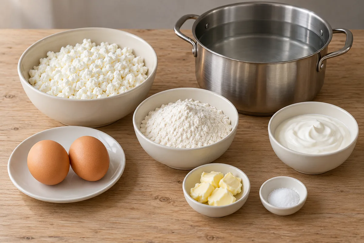 Dry cottage cheese, two eggs, flour, butter, sour cream and salt in ivory dishes beside a stainless steel pot of water.