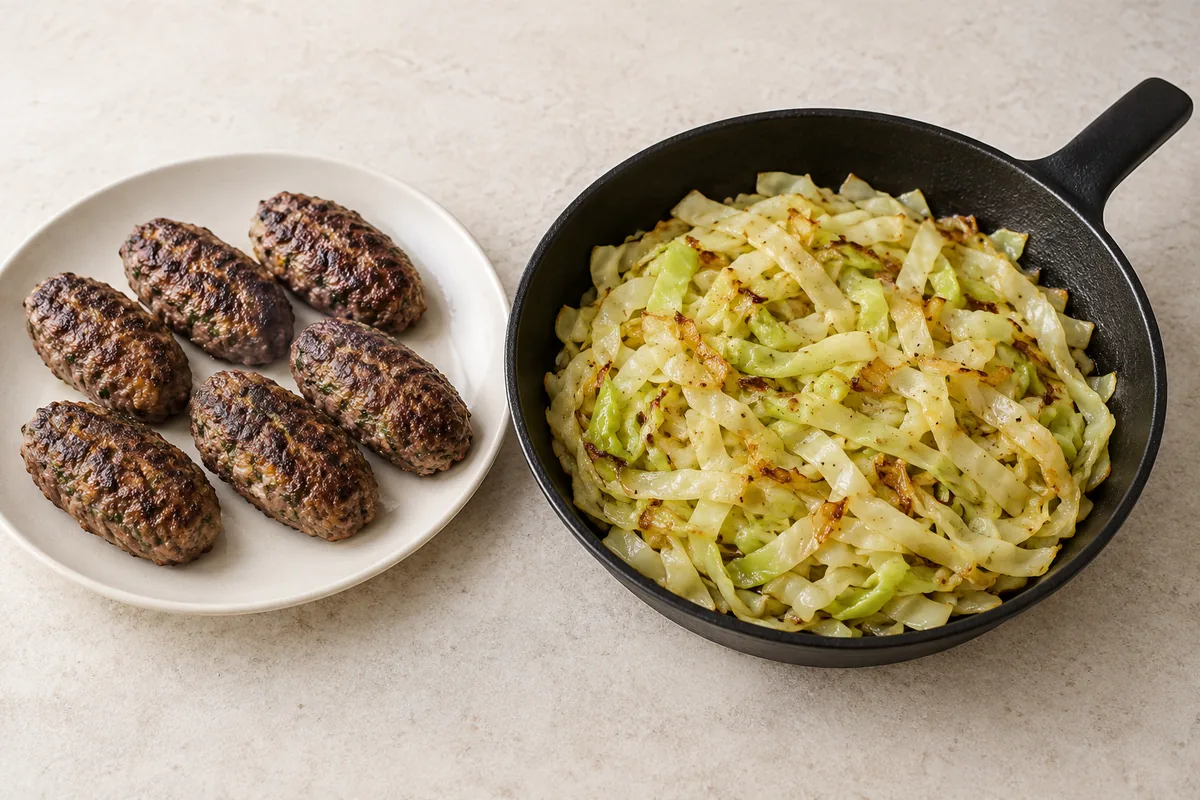 Tender cabbage ribbons with golden edges in a black skillet, with six cooked kafta resting on an ivory plate beside it.