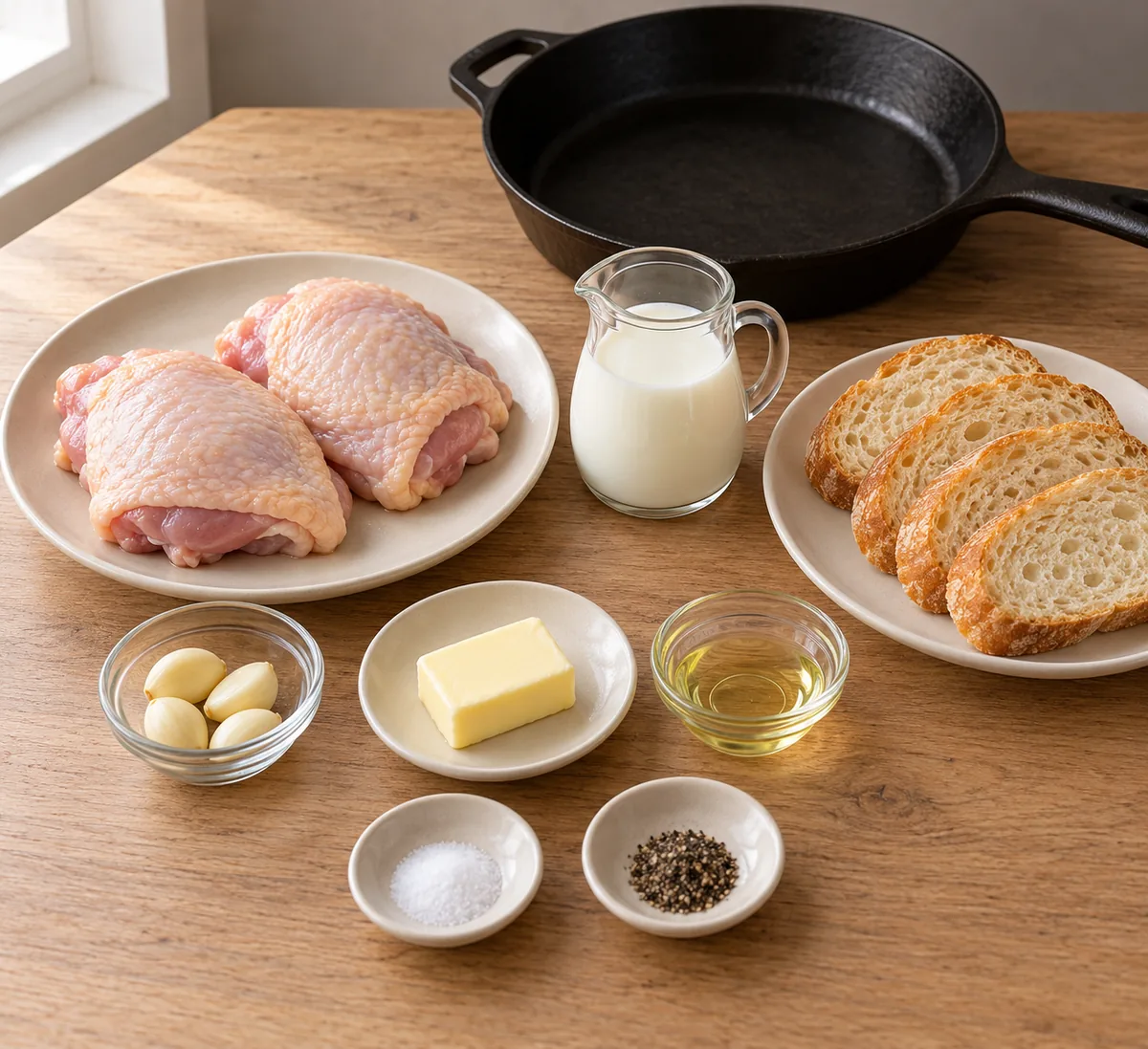 Ingredients for two servings: two raw chicken thighs, milk, four garlic cloves, butter, sunflower oil, salt, black pepper and four bread slices.