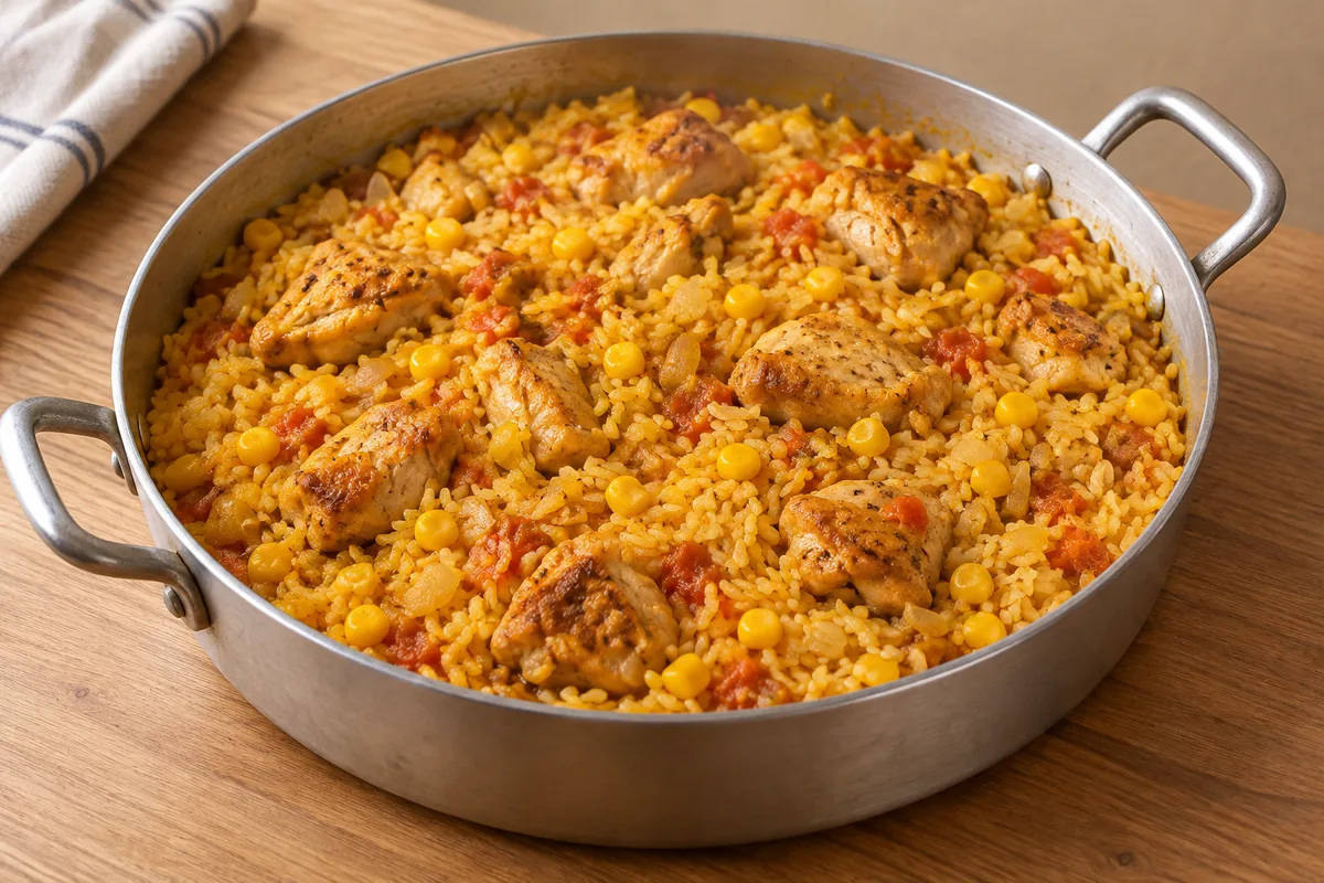 Galinhada com arroz cozido e líquido absorvido, antes do descanso e da cebolinha.
