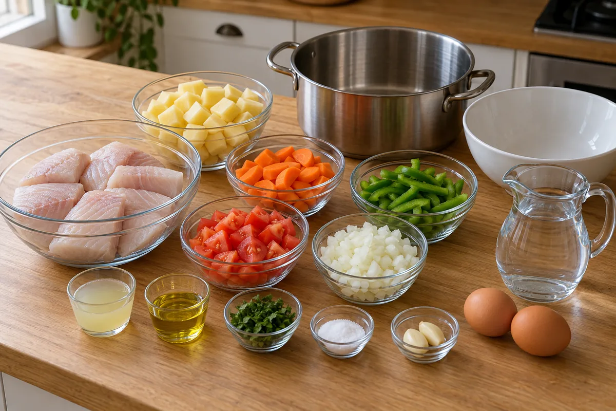 Ingredientes separados para duas porções: tilápia, batata, cenoura, pimentão, tomate, cebola, alho, suco de limão, azeite, coentro, sal, ovos e água.