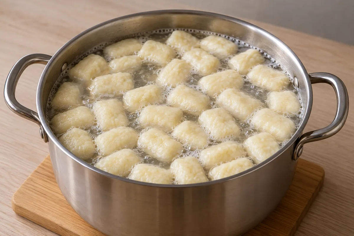 Pale, puffed cheese dumplings floating in gently simmering water in a stainless steel pot with two handles.
