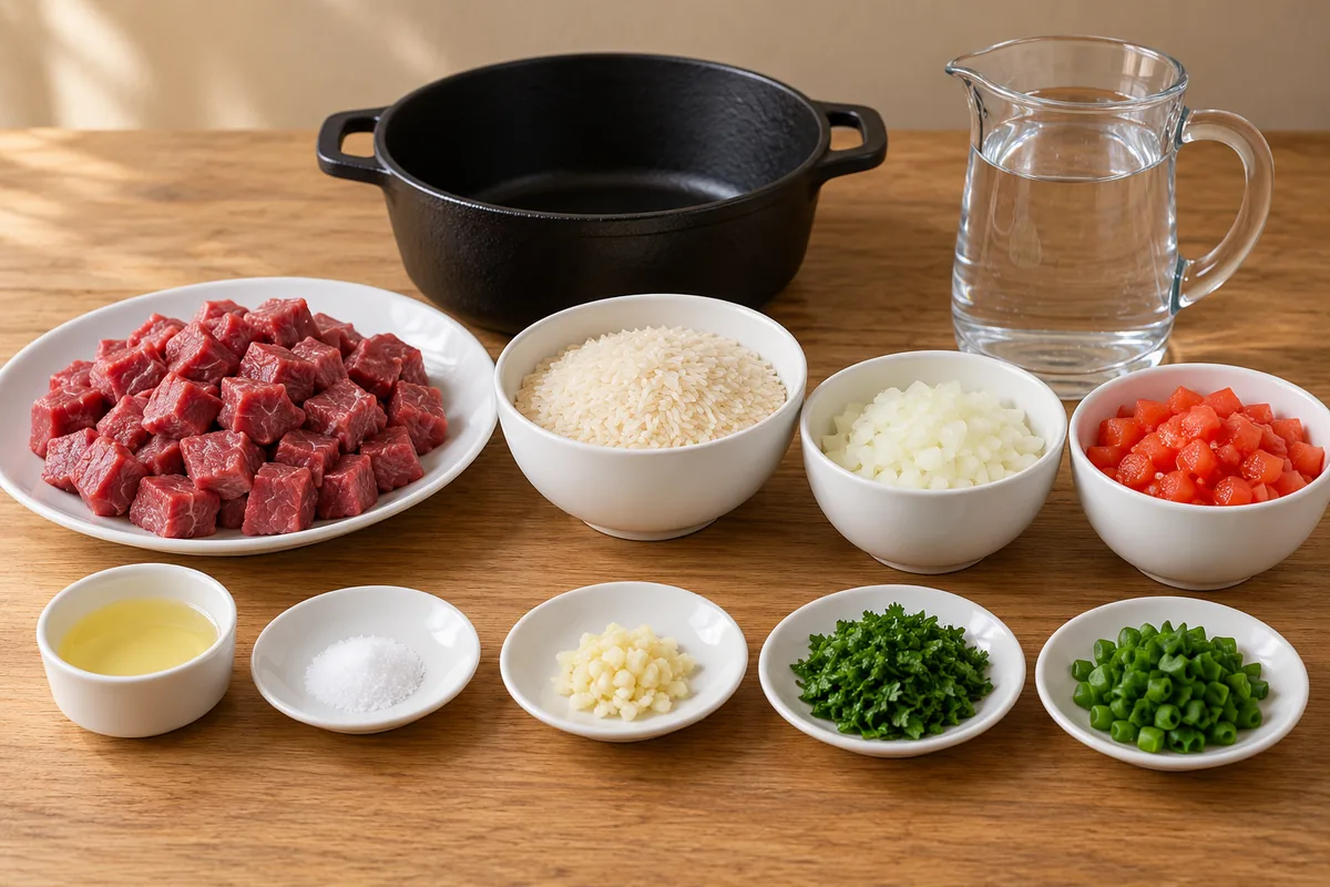 Alcatra crua em cubos, arroz, cebola, tomate, alho, óleo, sal, água, salsinha e cebolinha separados para duas porções.