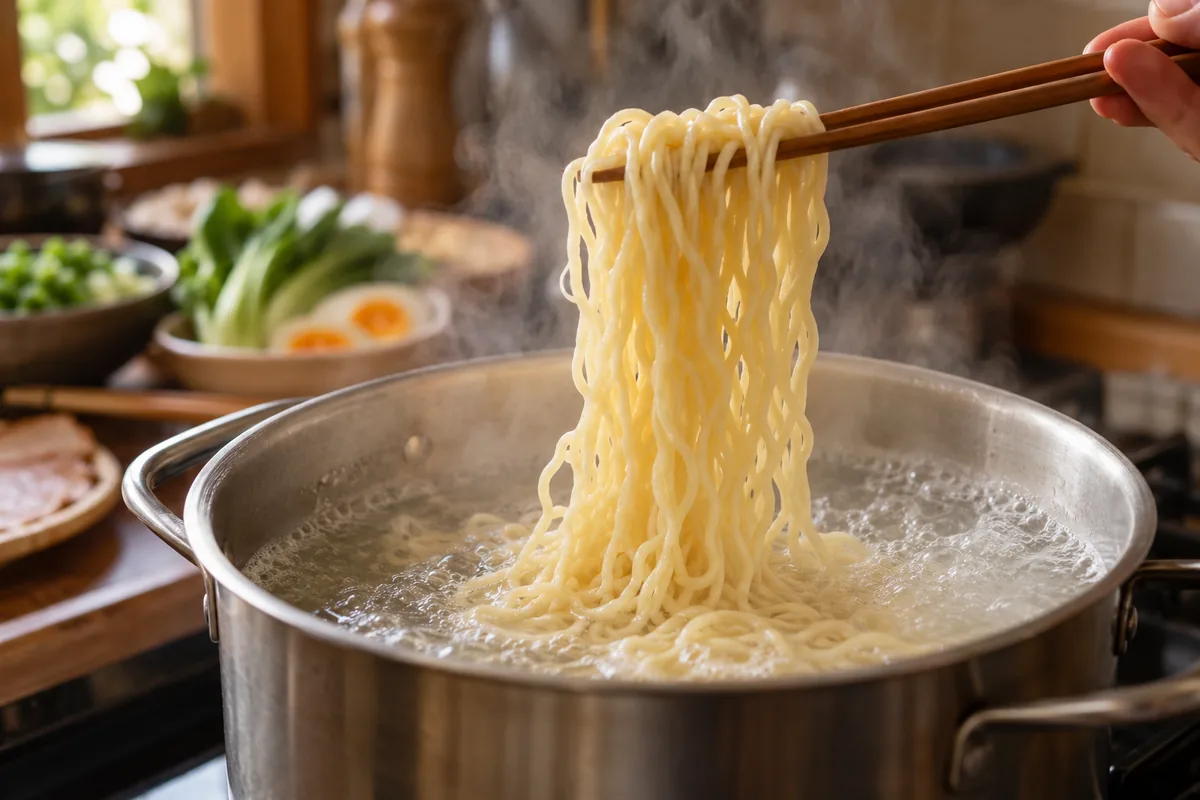 Cooking ramen noodles in boiling water before serving