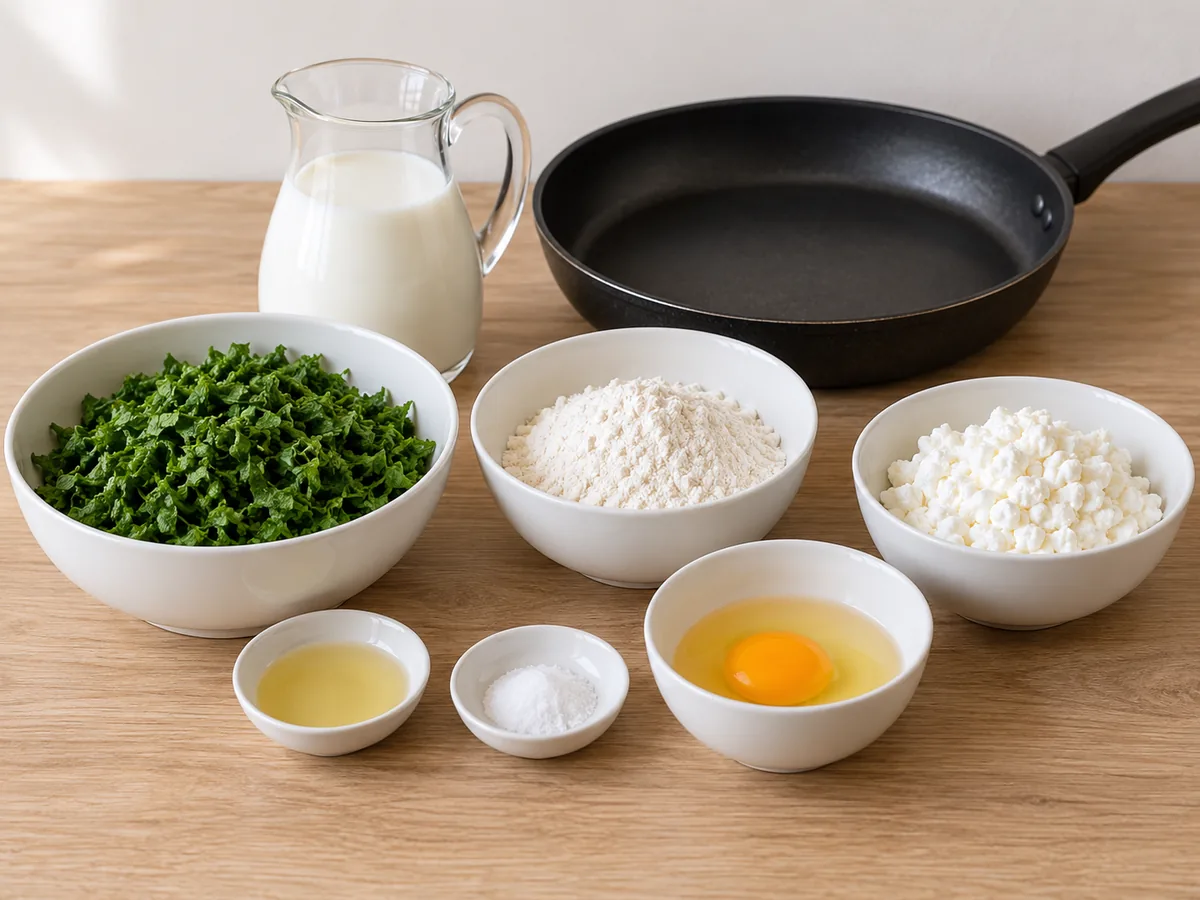 Prepared spinach, milk, flour, one egg, canola oil, salt and cottage cheese arranged separately on a pale wooden worktop.