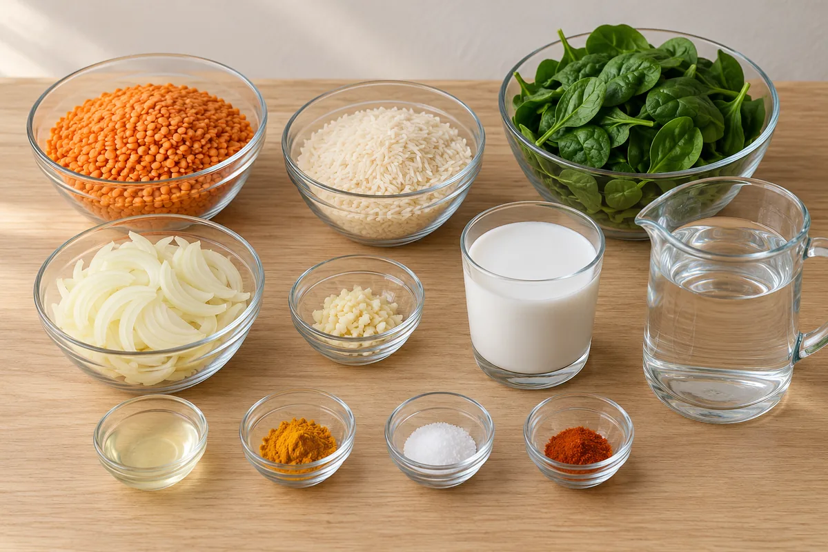 Prepared red lentils, rice, sliced onions, chopped garlic, coconut milk, water, spinach, coconut oil, turmeric, salt and cayenne in clear dishes.