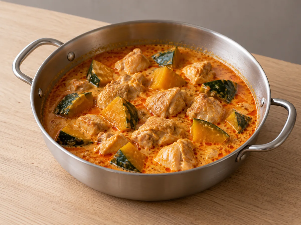 Cooked chicken and tender green-skinned kabocha chunks in red coconut curry before adding basil and pepper.