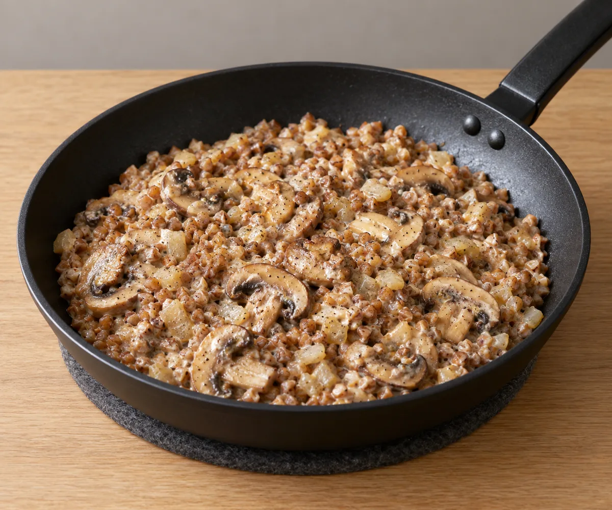 Cooked buckwheat folded into browned mushrooms and onion, lightly coated with sour cream in the same black frying pan.
