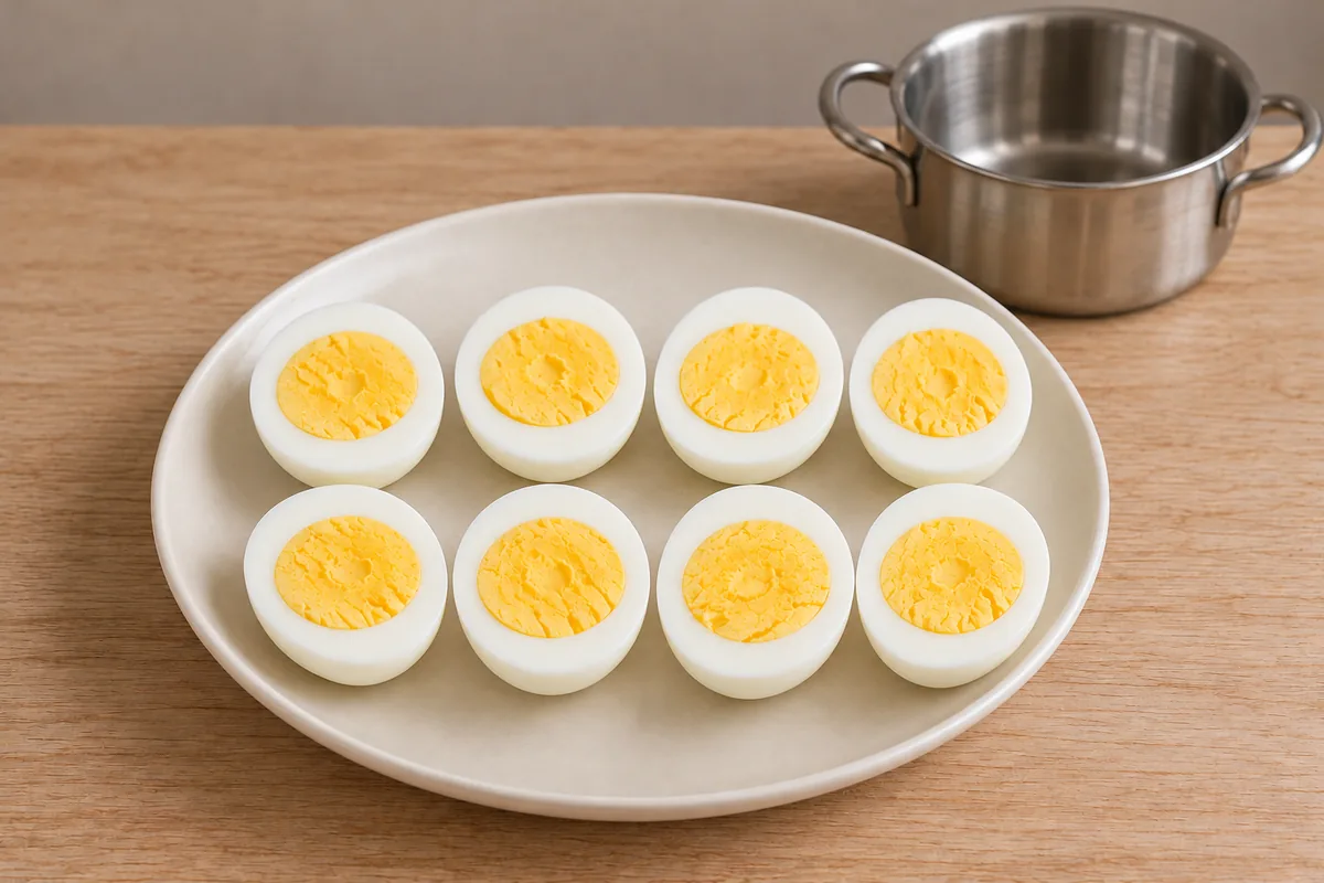 Eight peeled hard-boiled egg halves arranged in two rows, showing fully firm yellow yolks and set whites.