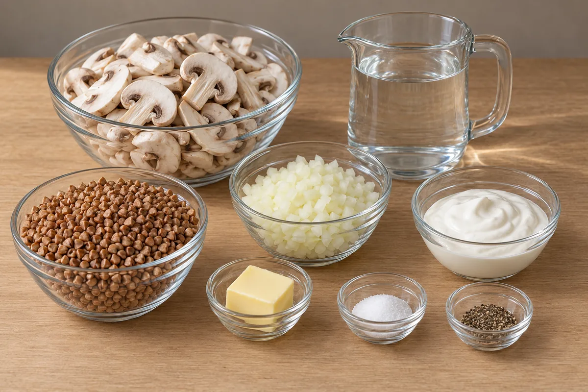 Prepared buckwheat groats, sliced mushrooms, diced onion, butter, sour cream, water, salt and black pepper in separate glass containers.