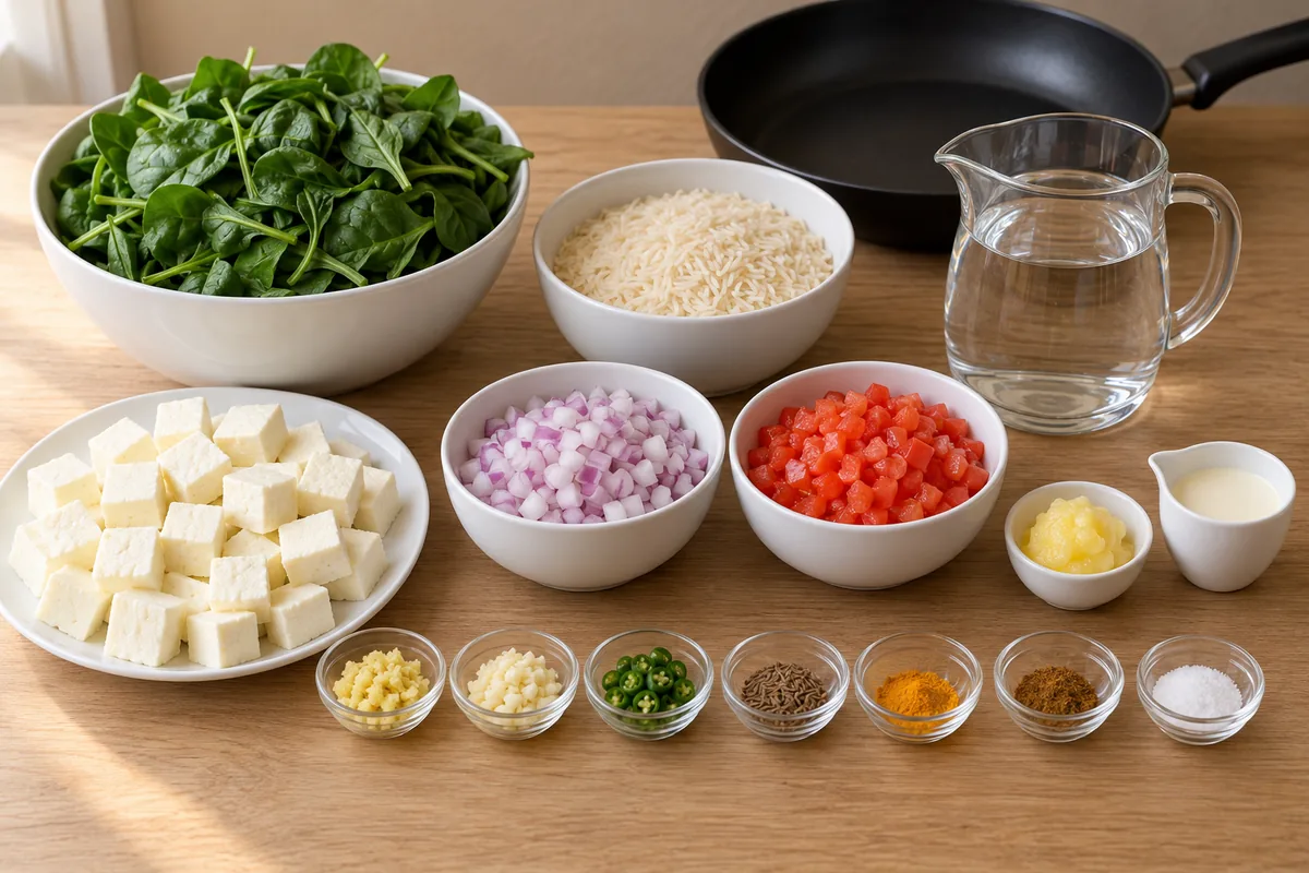 Prepared paneer, spinach, dry rice, water, onion, tomato, ginger, garlic, green chili, cumin, turmeric, garam masala, ghee, cream and salt.