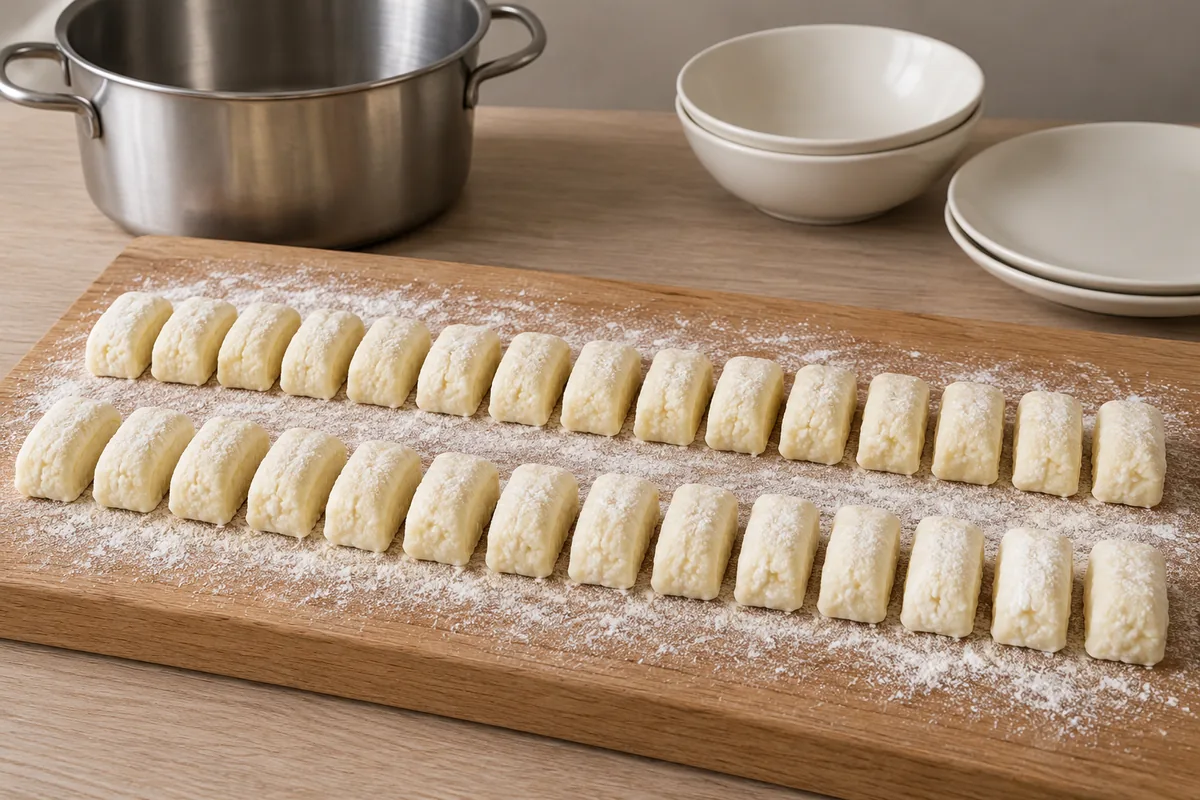 Two rows of raw cheese dumplings lightly dusted with flour on a rectangular wooden board.