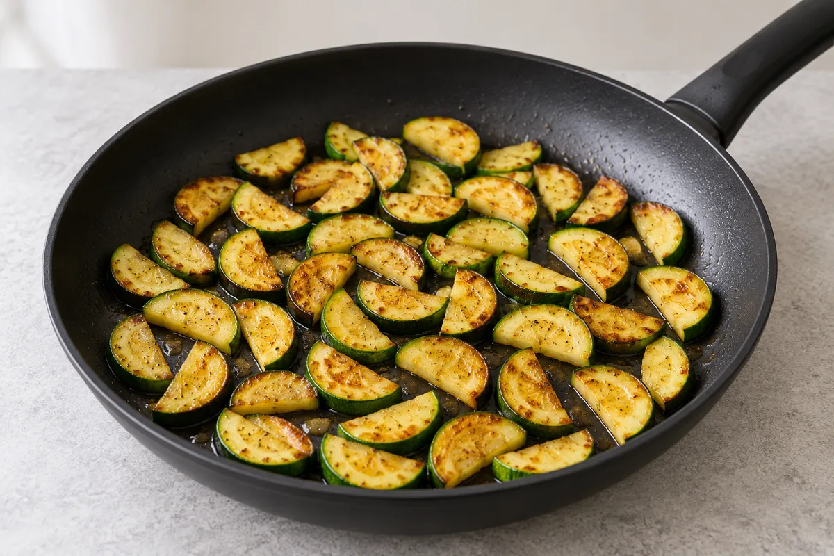 Golden cooked zucchini half-moons in a black non-stick frying pan at the end of step two.