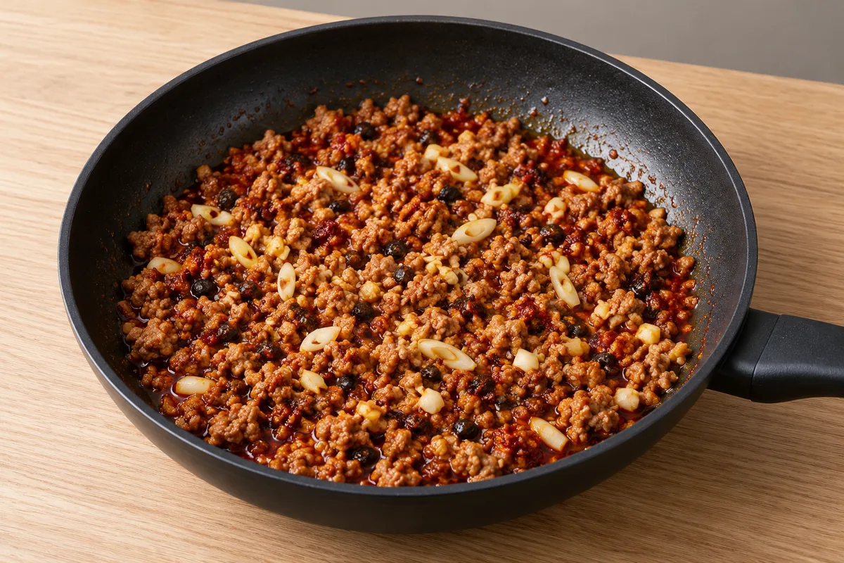 Browned pork with chili bean paste, fermented black beans and pale aromatics in red-tinted oil before adding stock.