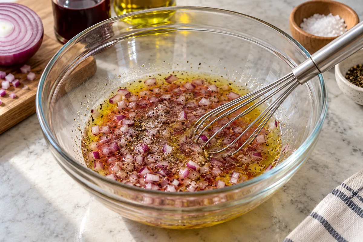 Diced red onion resting in a whisked olive oil and red wine vinegar dressing.