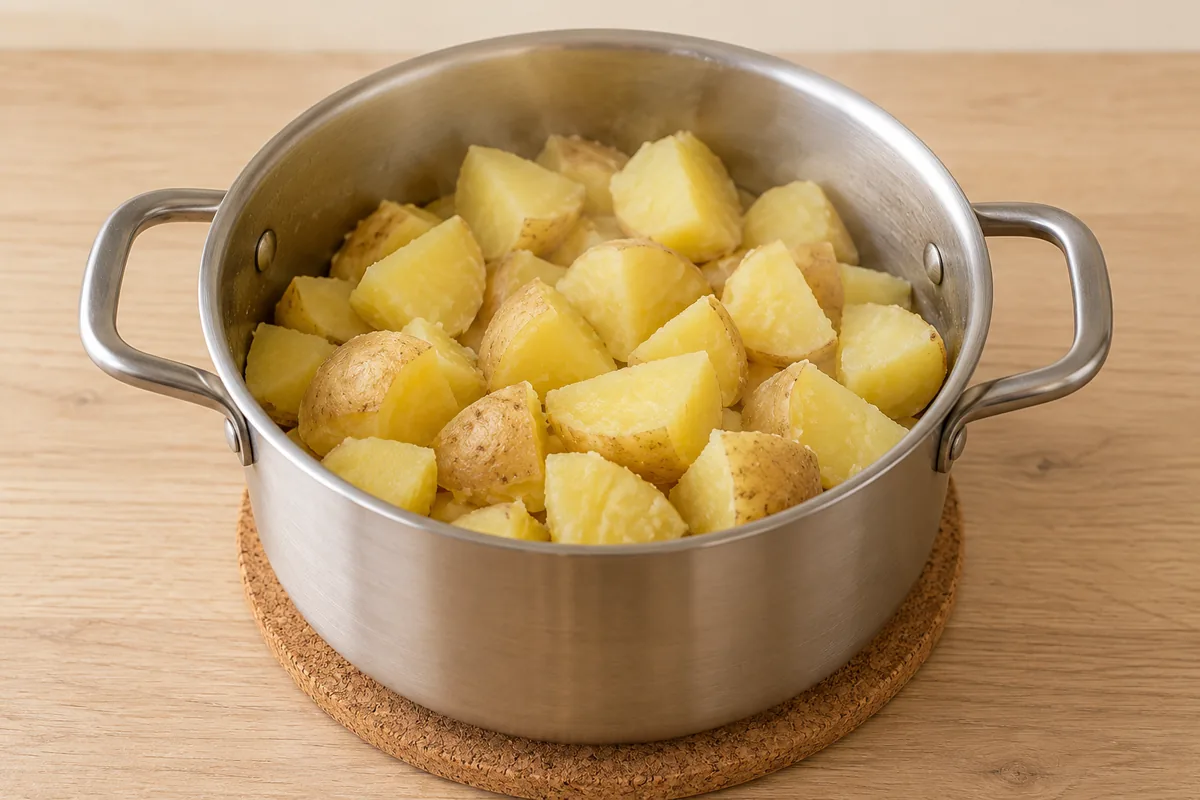 Drained, tender skin-on potato chunks with slightly floury surfaces in a two-handled stainless-steel saucepan.