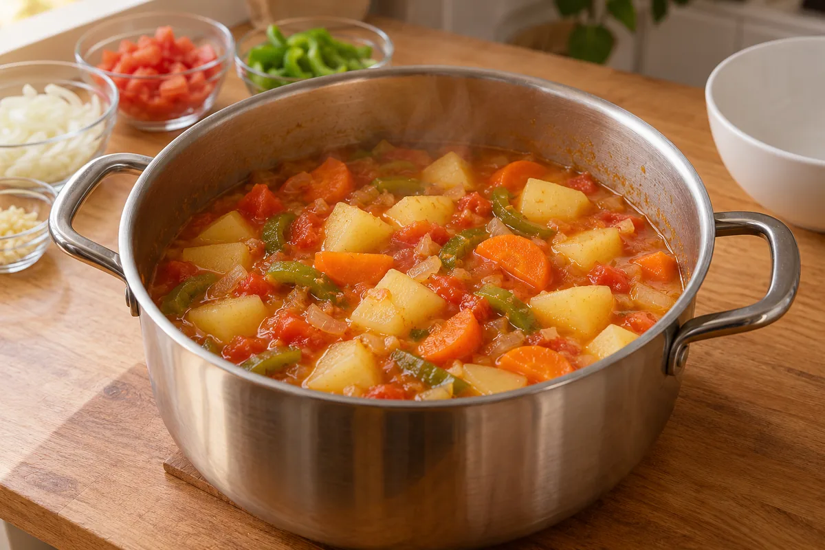 Batata em cubos e cenoura em meias-luas quase macias no caldo de tomate com pimentão e cebola.