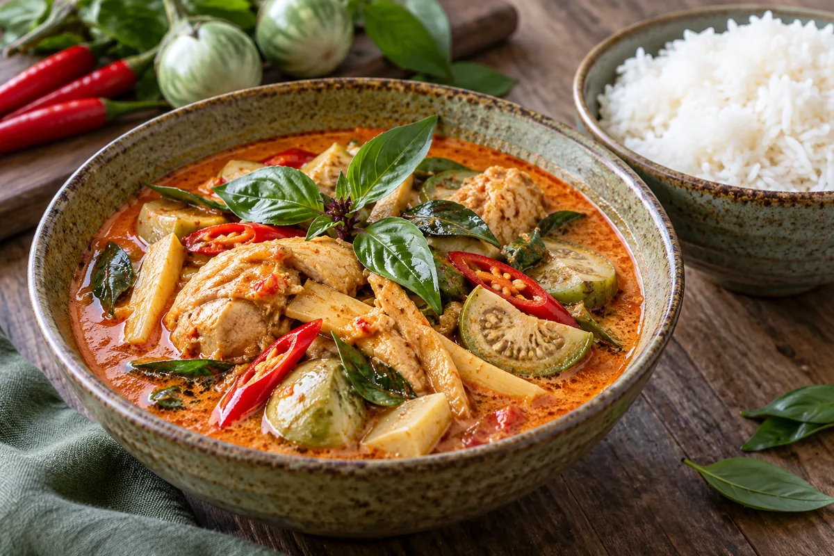 Finished Thai red curry with chicken, Thai eggplant and Thai basil, served beside jasmine rice.