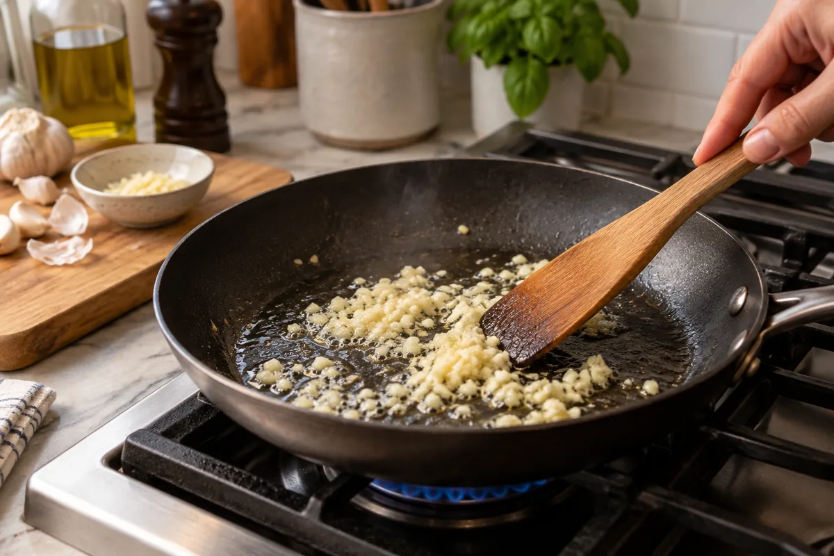 Minced garlic sizzling in the skillet before adding rice