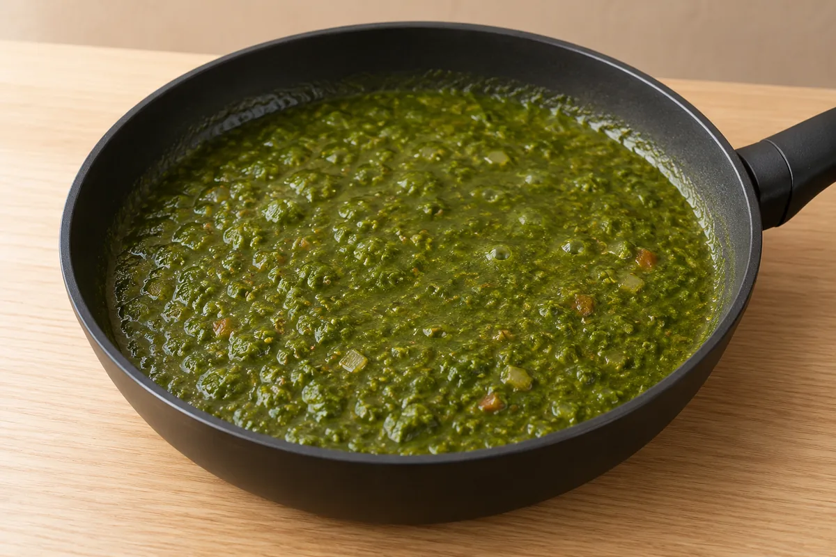 Thick green spinach gravy gently bubbling before the paneer and cream are added.