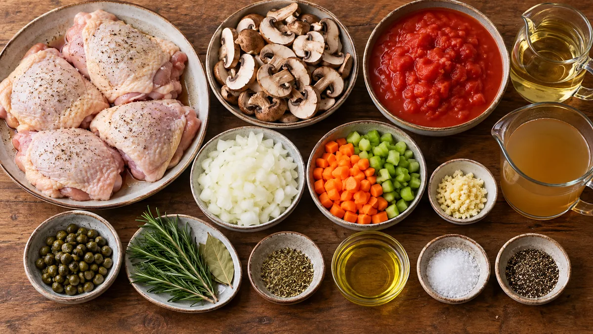 Prepared ingredients for chicken cacciatore and polenta arranged on a counter