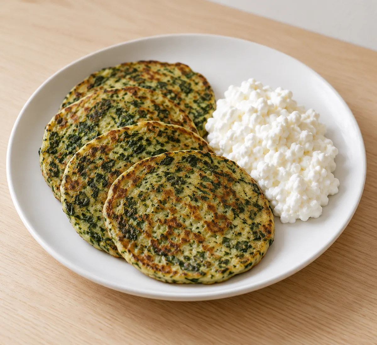 Four golden spinach pancakes with plain cottage cheese on one white plate.