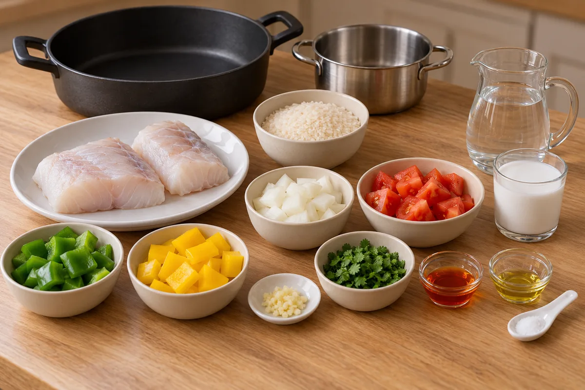 Ingredientes separados para duas porções: robalo, arroz, cebola, alho, tomate, pimentões verde e amarelo, coentro, leite de coco, dendê, azeite, sal e água.