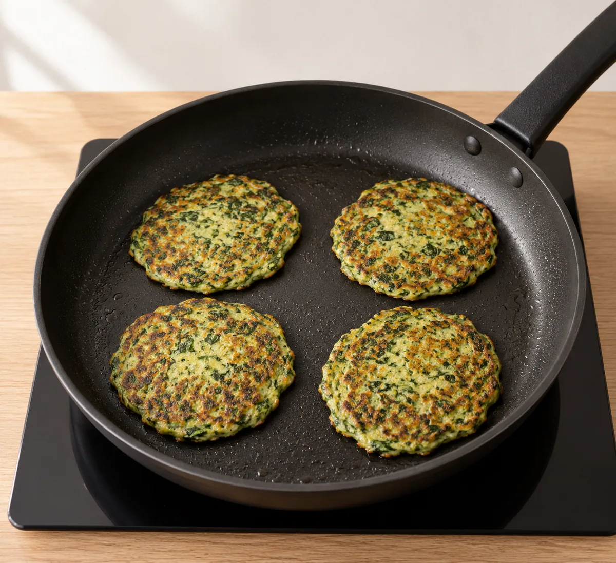 Four cooked spinach pancakes with golden-brown patches in a black nonstick frying pan.