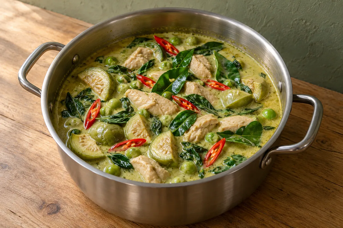 Finished curry with cooked chicken, eggplants, basil, makrut lime leaves and red chili.
