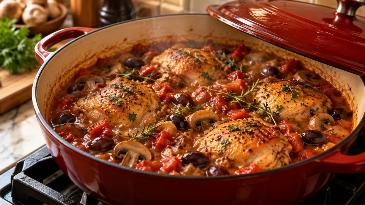 Chicken cacciatore gently braising in tomato mushroom sauce