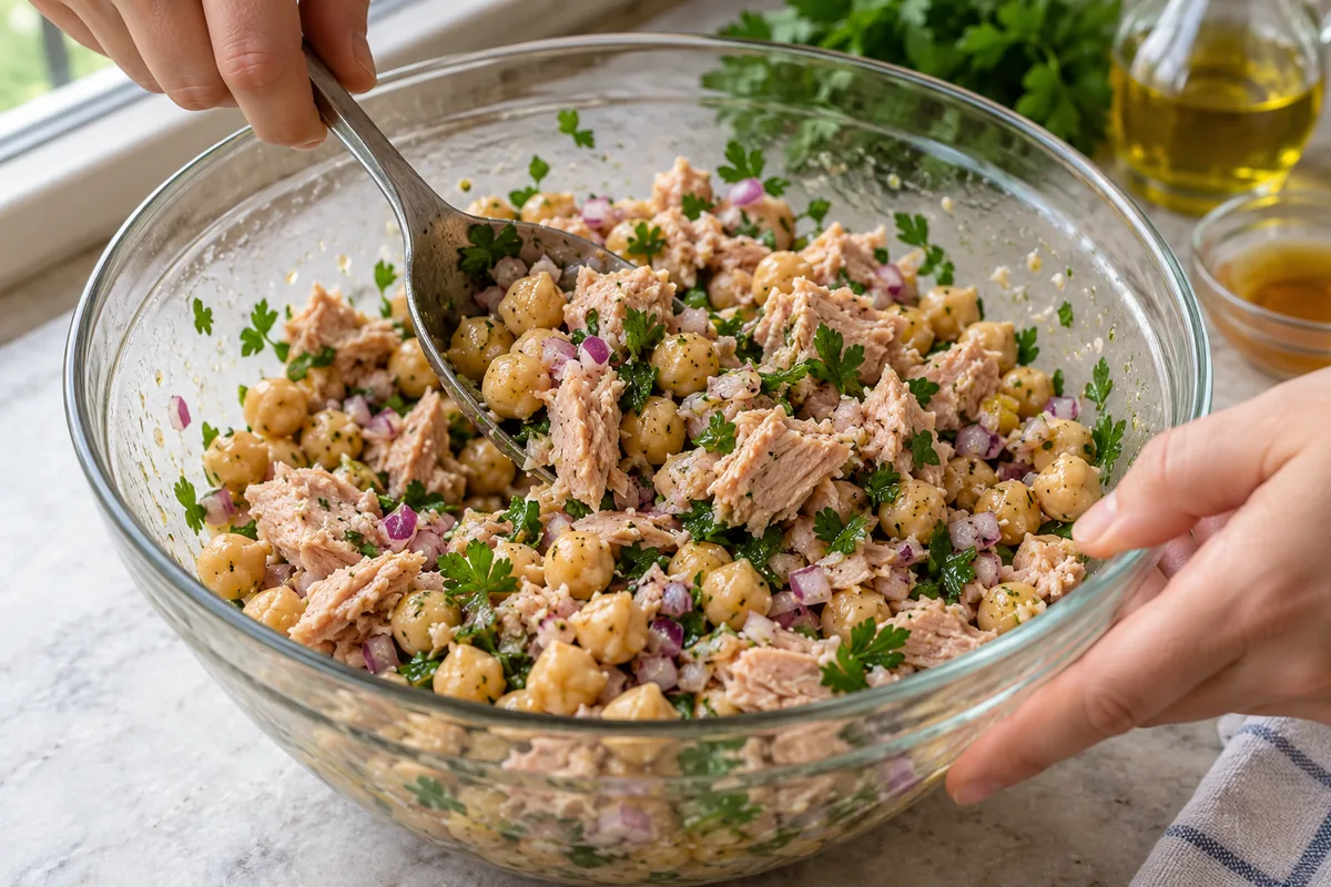 Gently folding chickpeas, tuna flakes and parsley into the onion dressing.