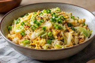 Close-up of plated sesame cabbage egg rice