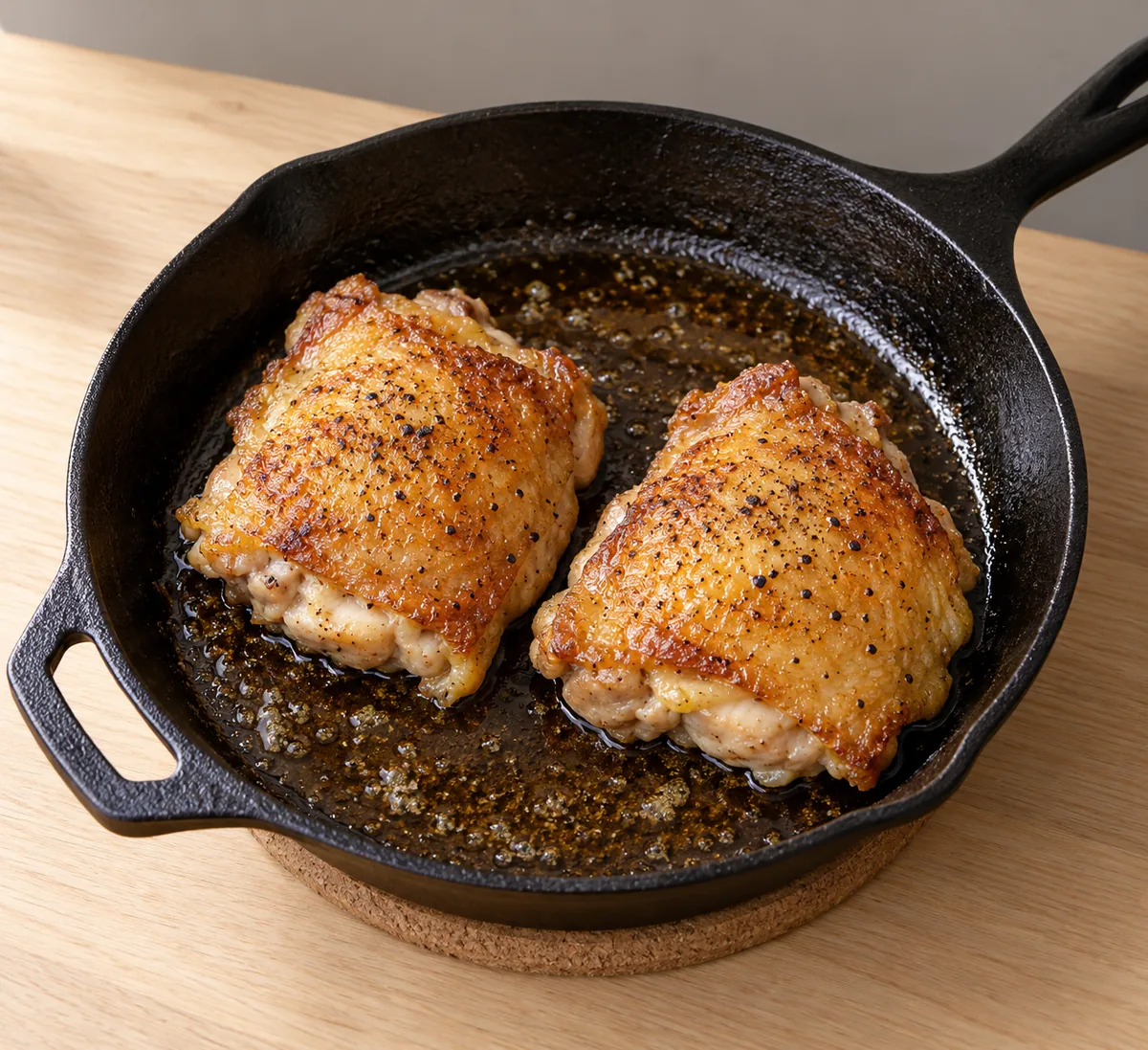 Two chicken thighs with evenly golden skin after browning in a black cast-iron skillet.