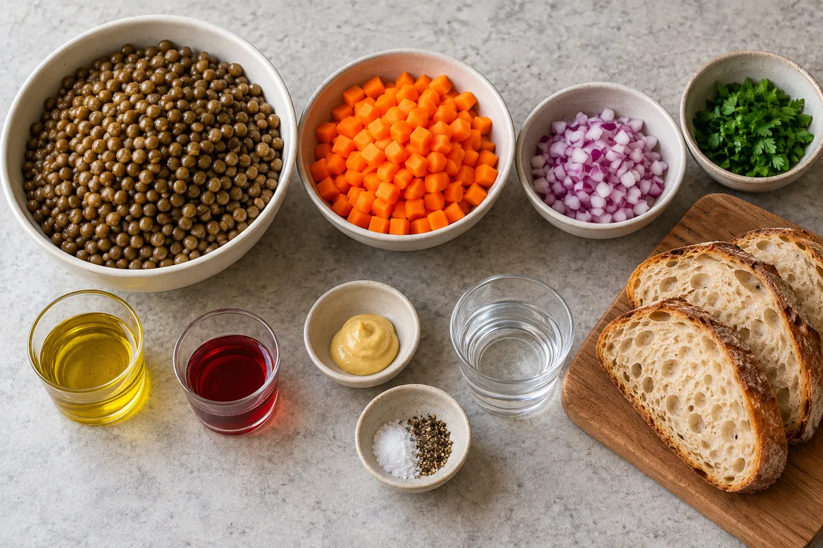 Prepared lentils, diced carrots, chopped red onion and parsley, olive oil, vinegar, mustard, water, seasonings and bread for two servings.