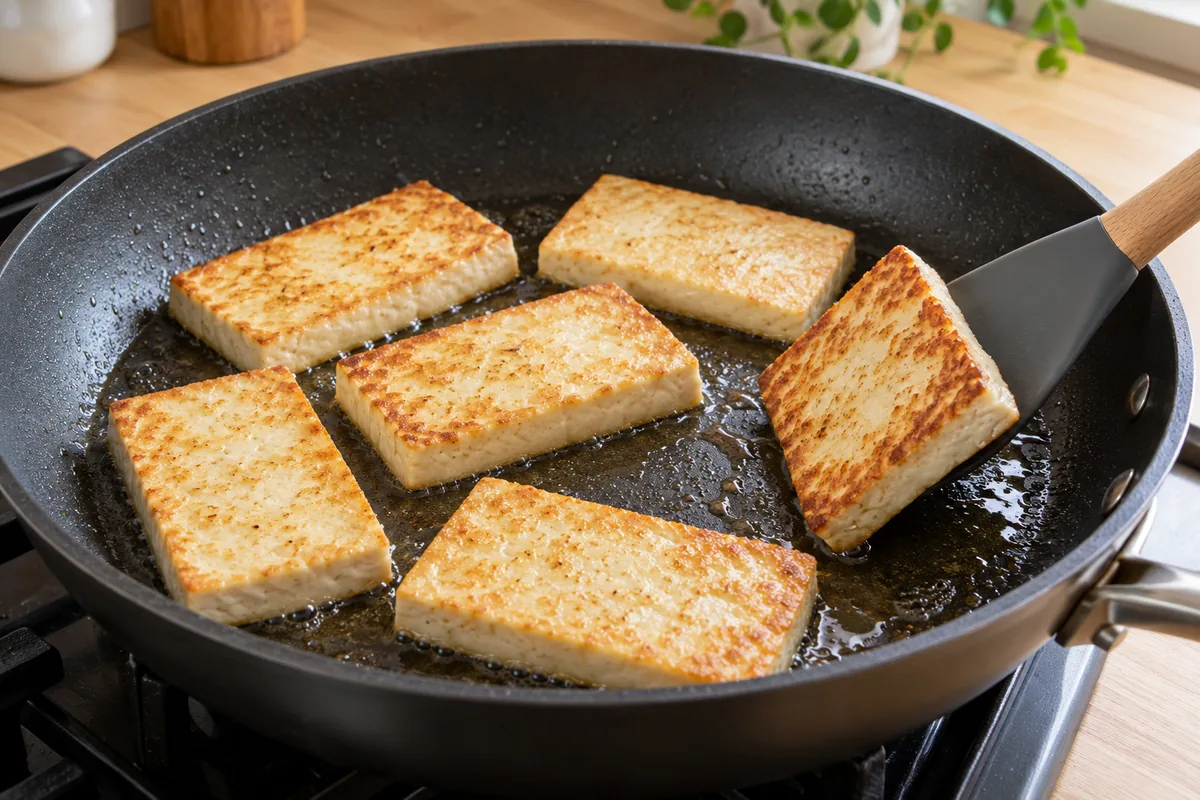 Tofu slices frying in a single layer, with a spatula revealing a golden underside.