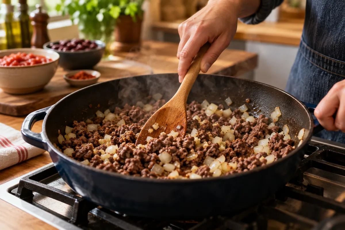 Onion and garlic softening with browned beef, step 2