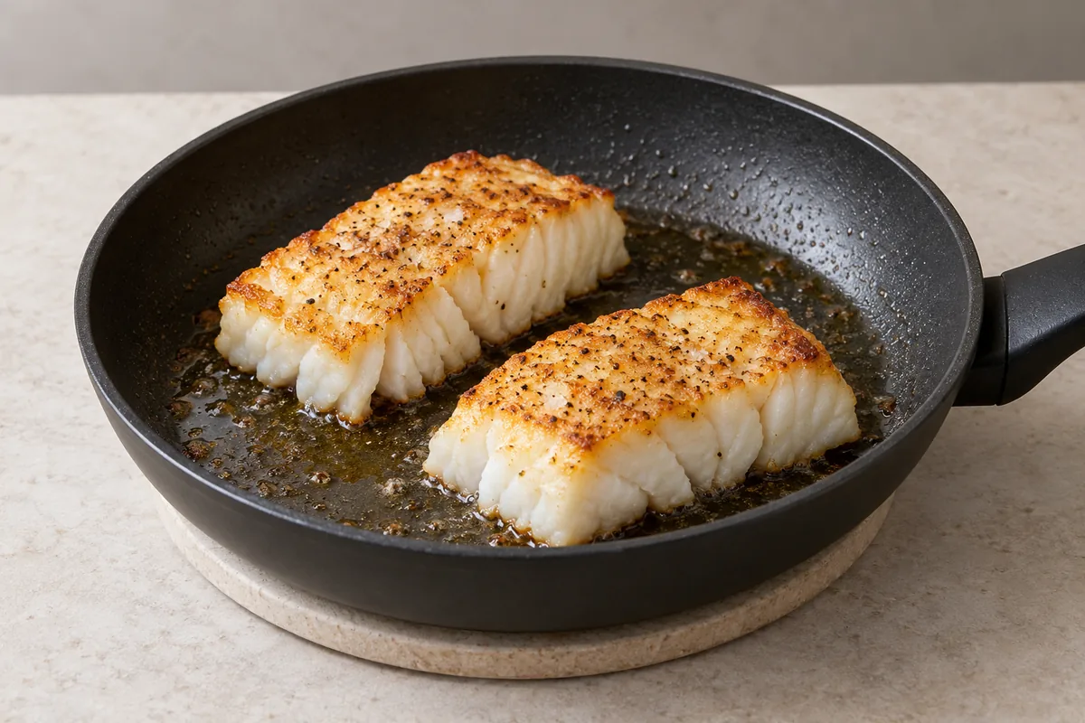 Two golden-brown cod loins with opaque, flaky sides in a lightly oiled black frying pan.