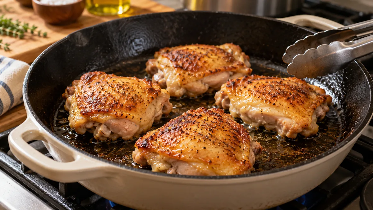 Chicken thighs browning in a wide pan before braising