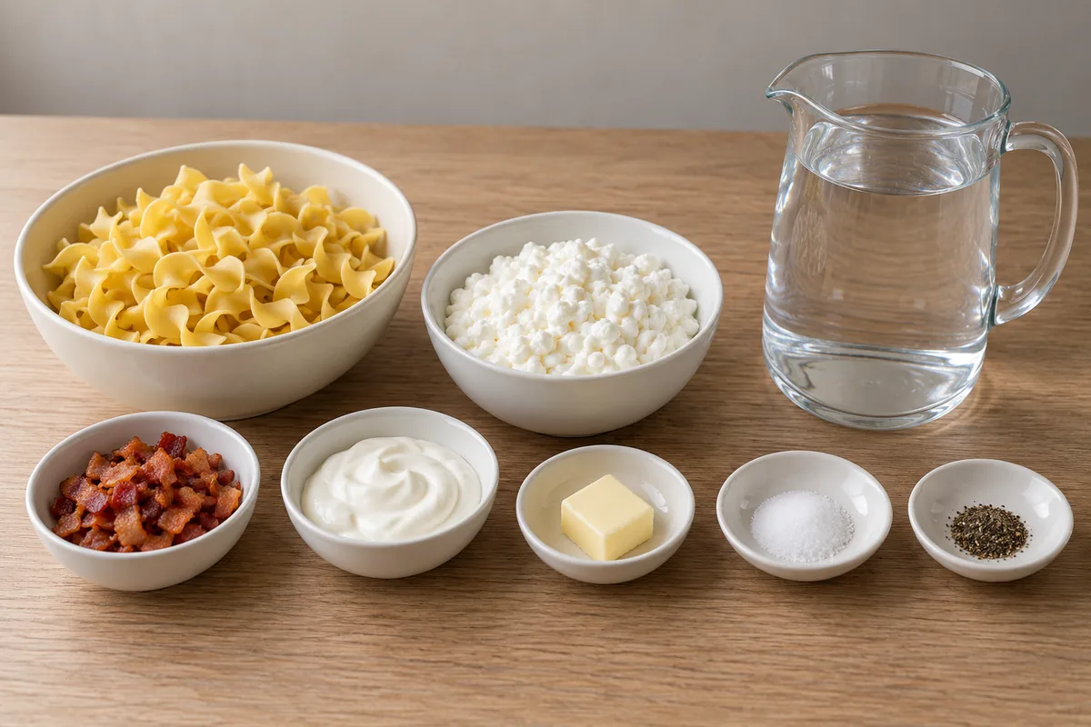 Dried egg noodles, cottage cheese, chopped cooked bacon, sour cream, butter, salt, pepper and a jug of water arranged on pale oak.