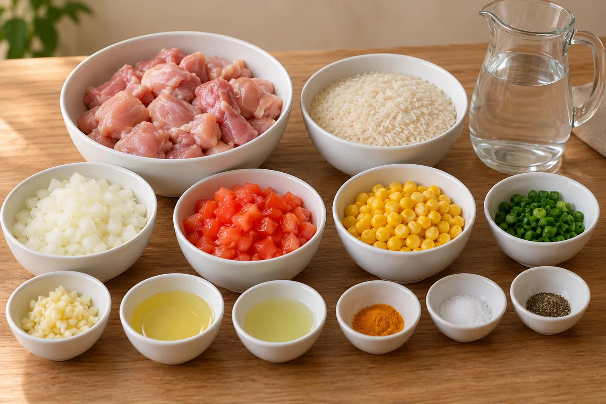 Ingredientes separados: frango, arroz, milho, cebola, tomate, alho, cebolinha, óleo, suco de limão, açafrão-da-terra, sal, pimenta e água.