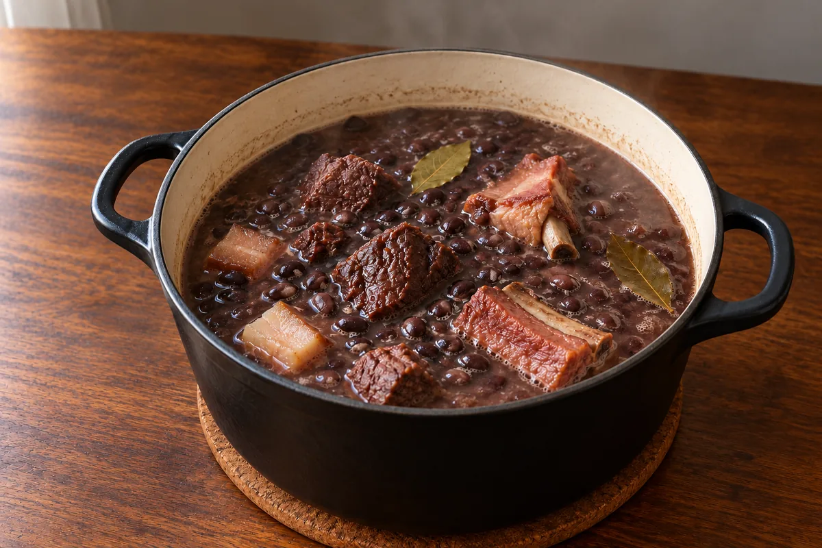 Feijão-preto, carne-seca, costelinha, toucinho e duas folhas de louro em caldo ainda ralo, dentro de uma panela preta com interior claro.
