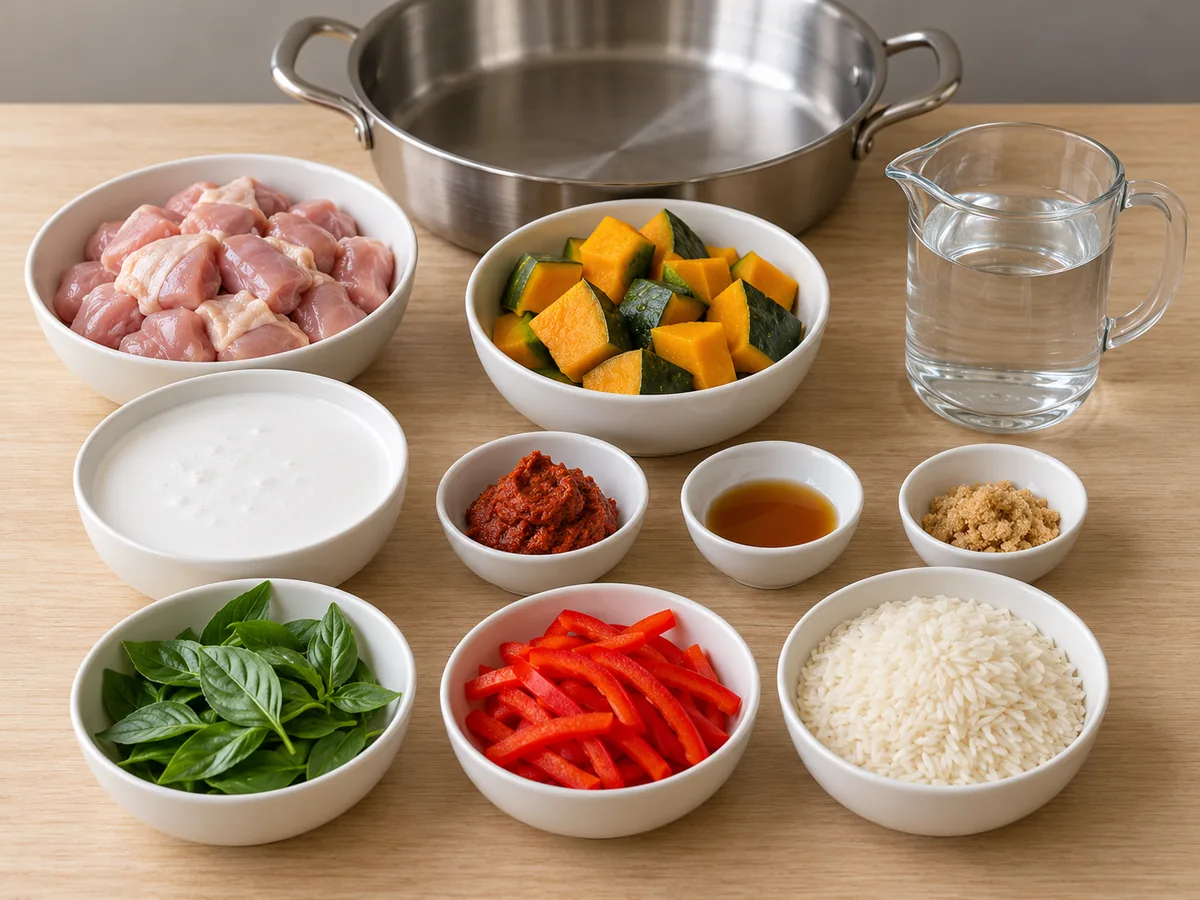 Prepared chicken, kabocha, coconut milk, red curry paste, fish sauce, brown sugar, Thai basil, red pepper, dry jasmine rice and water.