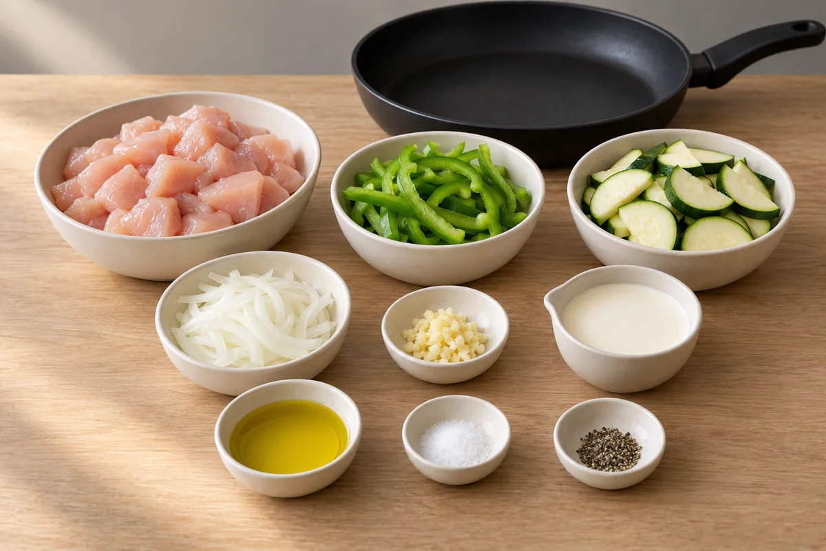 Nine ivory dishes containing raw diced chicken, sliced green pepper, zucchini, onion, minced garlic, cream, olive oil, salt and black pepper.