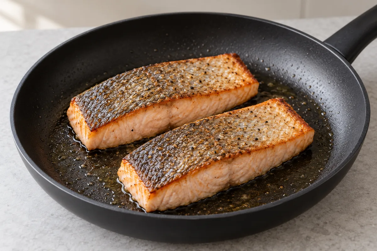 Two cooked salmon fillets with crisp skin facing upwards in the black pan at the end of step three.