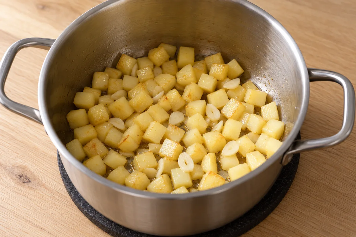 Small potato cubes with lightly golden edges and pale sliced garlic in a stainless steel soup pot before adding stock.